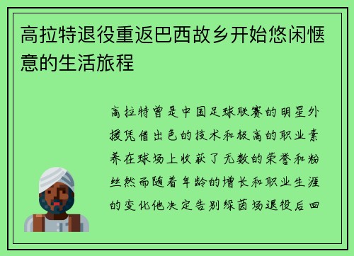 高拉特退役重返巴西故乡开始悠闲惬意的生活旅程